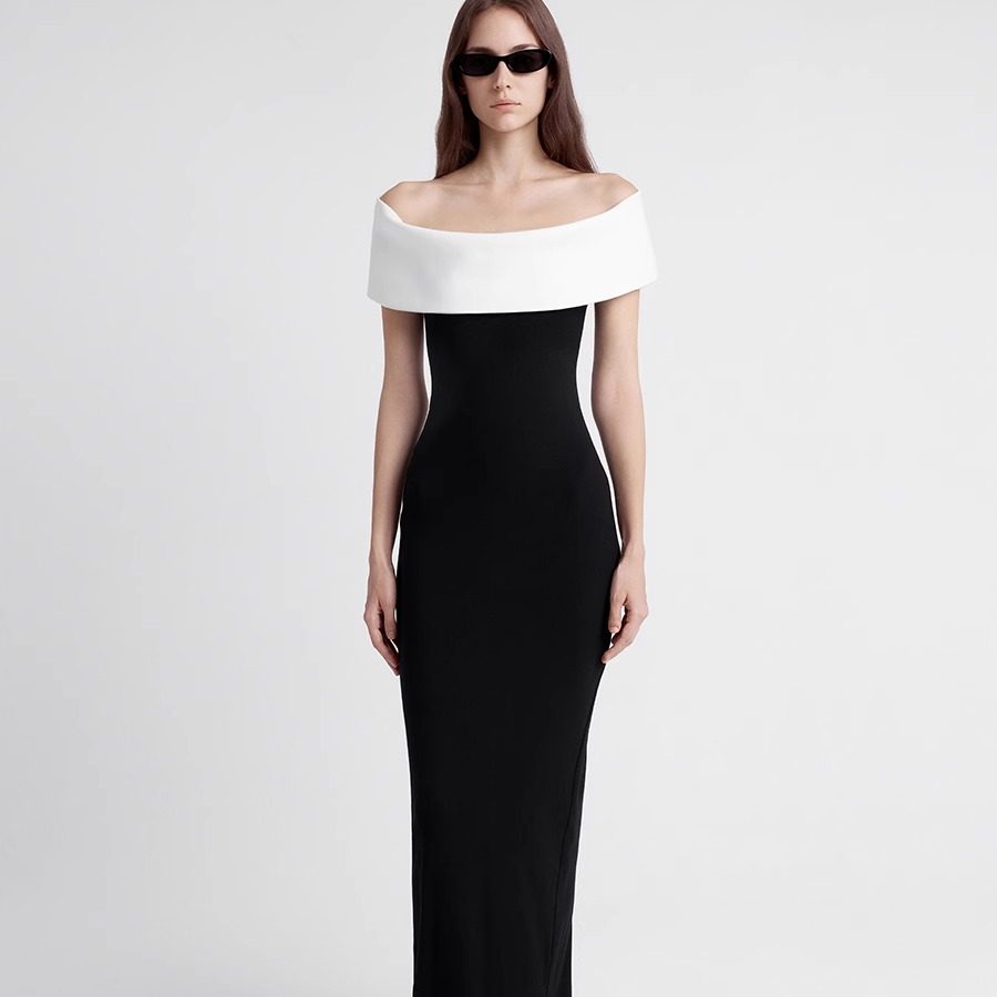 越南小众2025年夏季新款酷飒大女主弧形一字肩曲线长裙修身连衣裙,淘宝优惠券,粉丝福利购,淘宝优惠卷