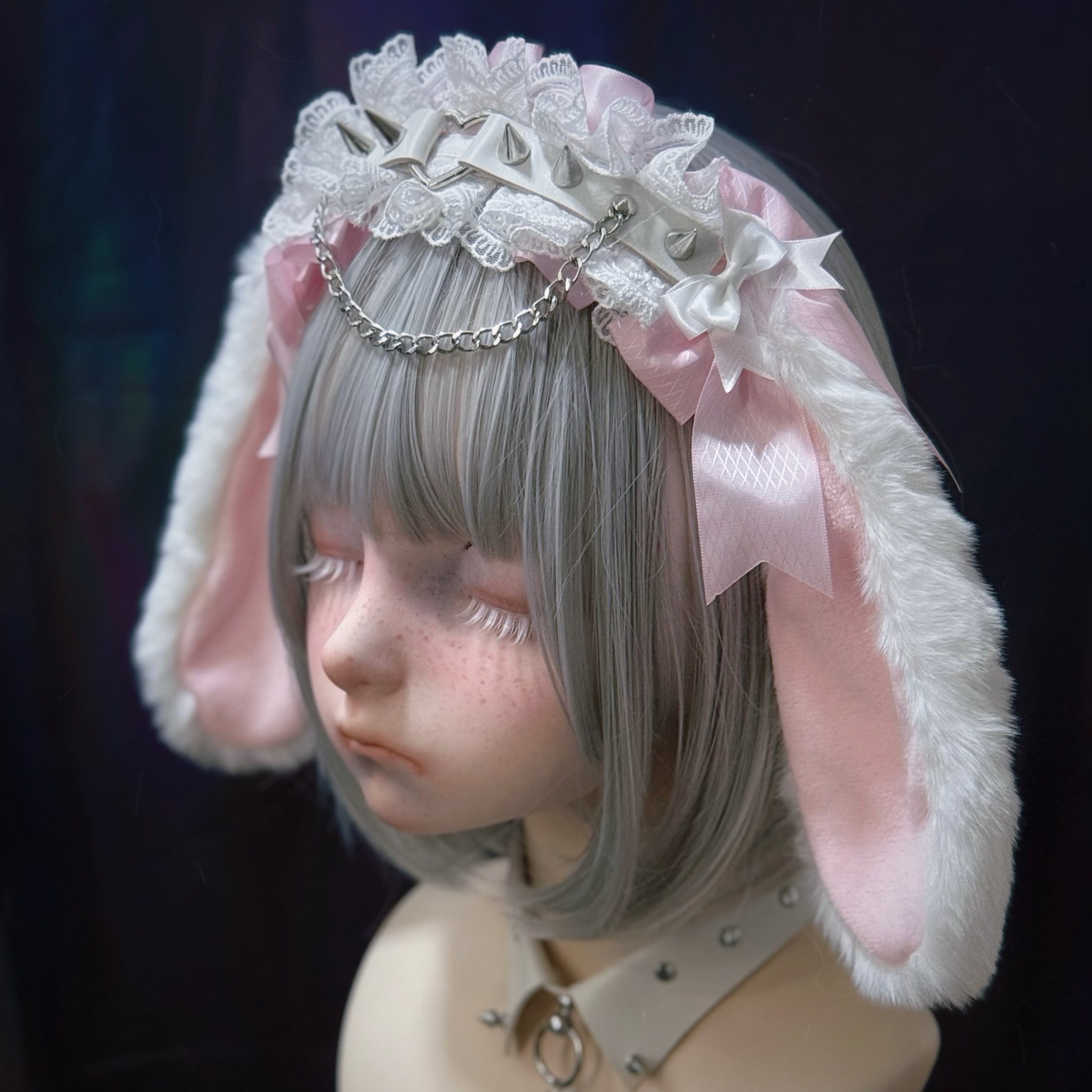 怪糖饰物集原创手工毛绒垂耳兔铆钉皮扣发箍头箍亚文化暗黑粉白色,淘宝优惠券,粉丝福利购,淘宝优惠卷