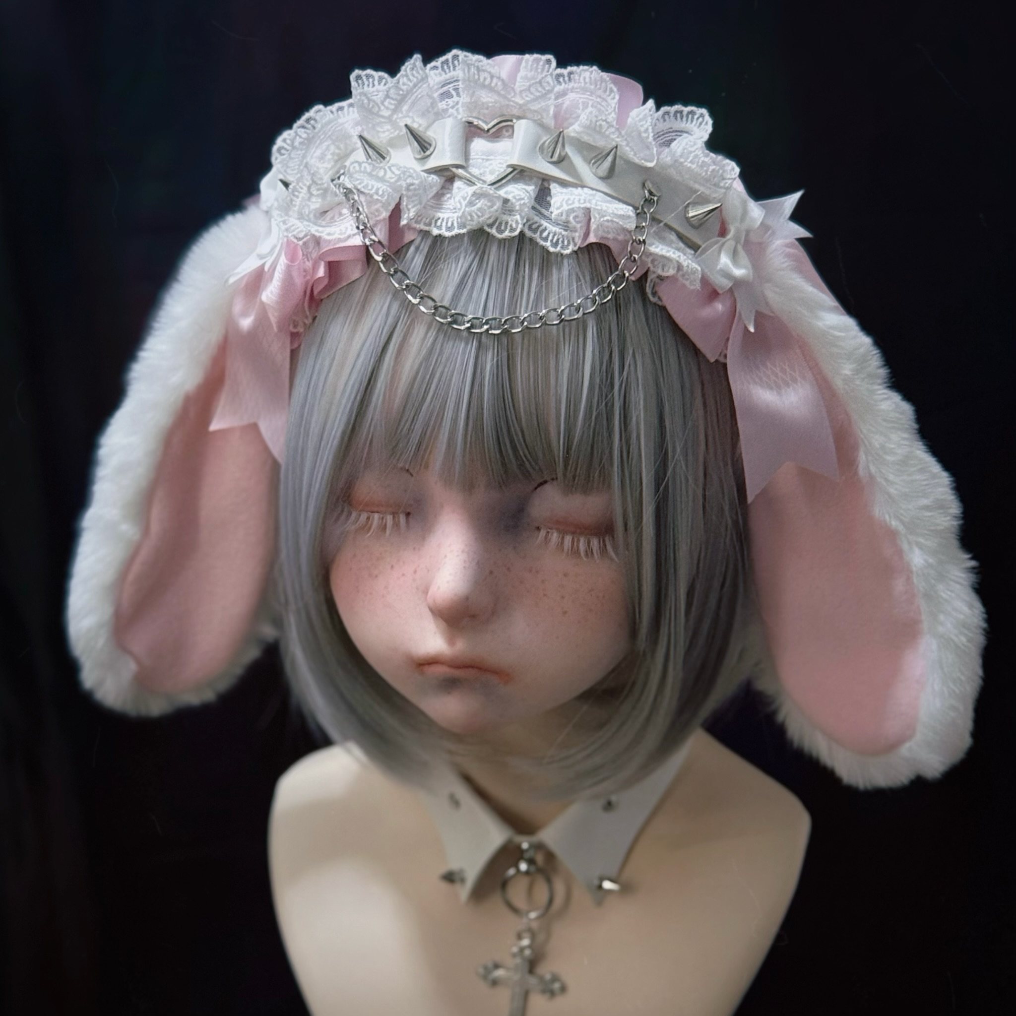 怪糖饰物集原创手工毛绒垂耳兔铆钉皮扣发箍头箍亚文化暗黑粉白色,淘宝优惠券,粉丝福利购,淘宝优惠卷