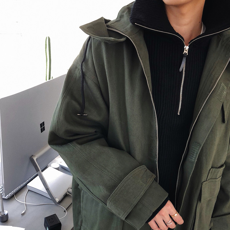 连帽帆布外套男 自制韩版军绿色工装中长款风衣男 BANGBOY oversize 连帽帆布外套男 自制韩版军绿色工装中长款风衣男 BANGBOY oversize