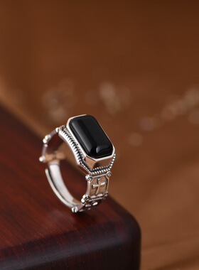 云尚服饰S925银戒指复古时尚十字架方块黑玛瑙开口指环男女戒手饰
