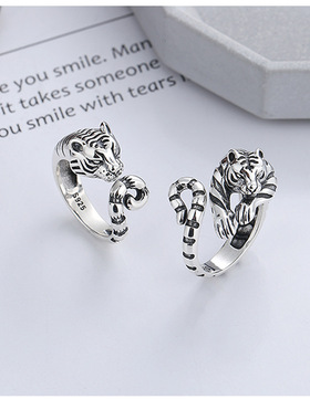 云尚服饰 S925纯银 生肖虎戒指 虎虎生威钩针带线开口戒指