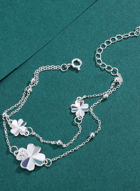 云尚服饰S999银双层四叶草手链女轻奢小众精致花朵手饰送女友