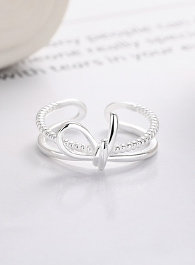 S925纯银不规则麻花钩针带线戒指可调节韩版轻奢食指戒