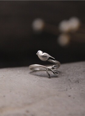 云尚服饰银饰 文艺复古泰银小鸟树叶钩针带线指环 s925纯银戒指女