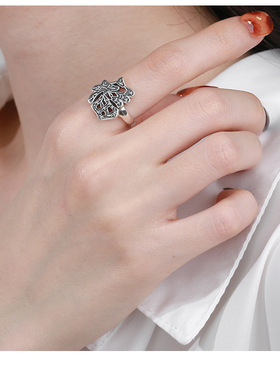 云尚服饰S925银树叶图案福字指环生机勃勃福字钩针带线开口戒指