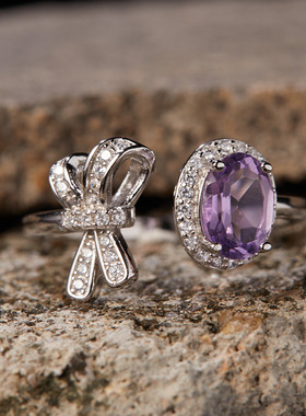 云尚服饰S925纯银托帕石黄紫水晶石榴石彩宝女蝴蝶结钩针带线戒指