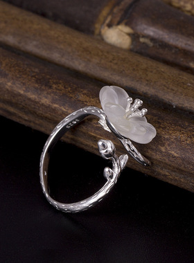 云尚服饰s925银创意梅花树枝开口戒指女时尚气质白水晶花卉指环