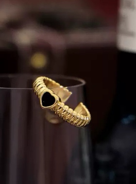 FEEI STUDIO欧美时尚简约黑色爱心锆石戒指ins小众温柔设计手饰