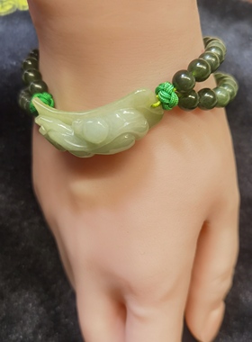 新疆和田玉碧玉双股玉珠子手工串珠手链，重量25克