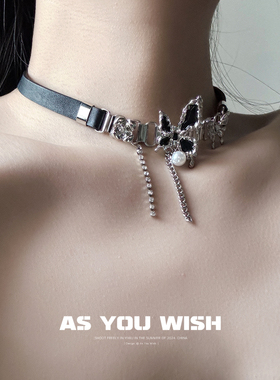 暗黑风黑色蝴蝶流苏锁骨链