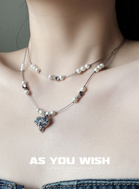 蓝色渐变碎冰爱心双层珍珠项链