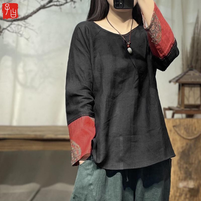 子曰2022秋款民族风袖口拼布上衣女复古手工线迹宽松长袖苎麻衬衫