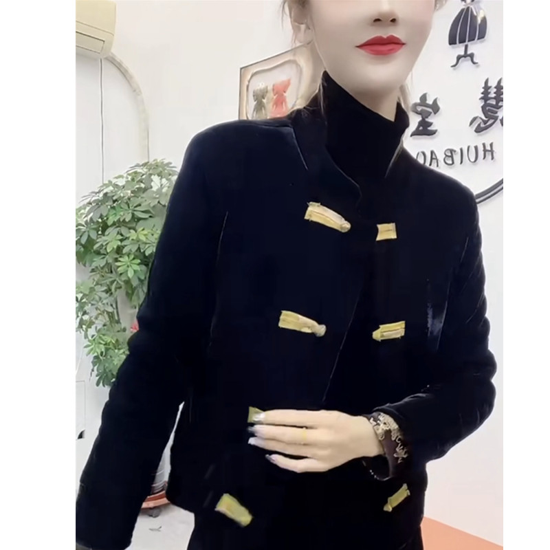 秋冬黑色丝绒拼贡缎里衬薄棉服女高级感时尚气质短款唐装棉袄棉衣