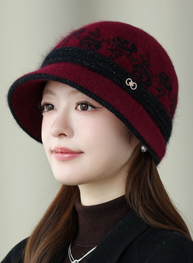 冬季新款毛线帽兔毛帽子加厚短檐加绒保暖中老年人针织奶奶妈妈帽