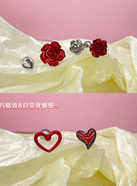 钛钢甜酷红色小玫瑰玫瑰花耳骨钉
