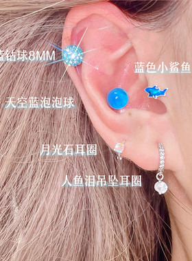 S925纯银小鲨鱼蓝色耳钉耳骨钉