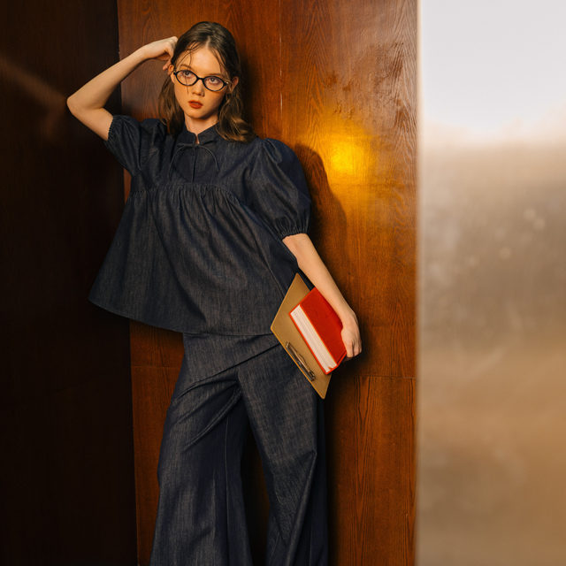 Denim Puff Sleeve Stand Collar Short Sleeve New Chinese Style Top for Women