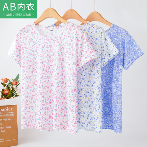 ab纯棉老人衫背心女士宽松加大码短袖T恤奶奶装全棉妈妈汗衫睡衣 - 图0