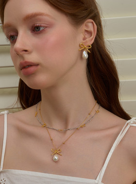 MARSEVEN 闪光派对系列金属蝴蝶结项链S925银气质可拆卸锁骨链