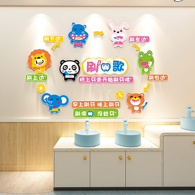 幼儿园儿童刷牙步骤图托管班背景墙面装饰布置洗漱台提示标语贴纸