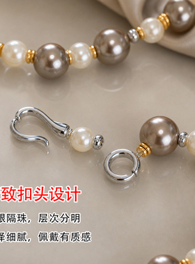灰咖色珍珠项链女高端大气毛衣链