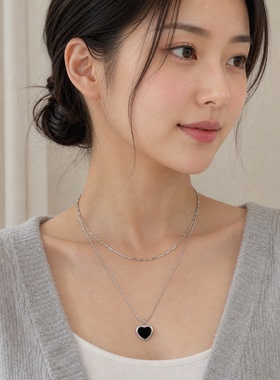 黑色滴釉爱心项链女双层叠戴颈链