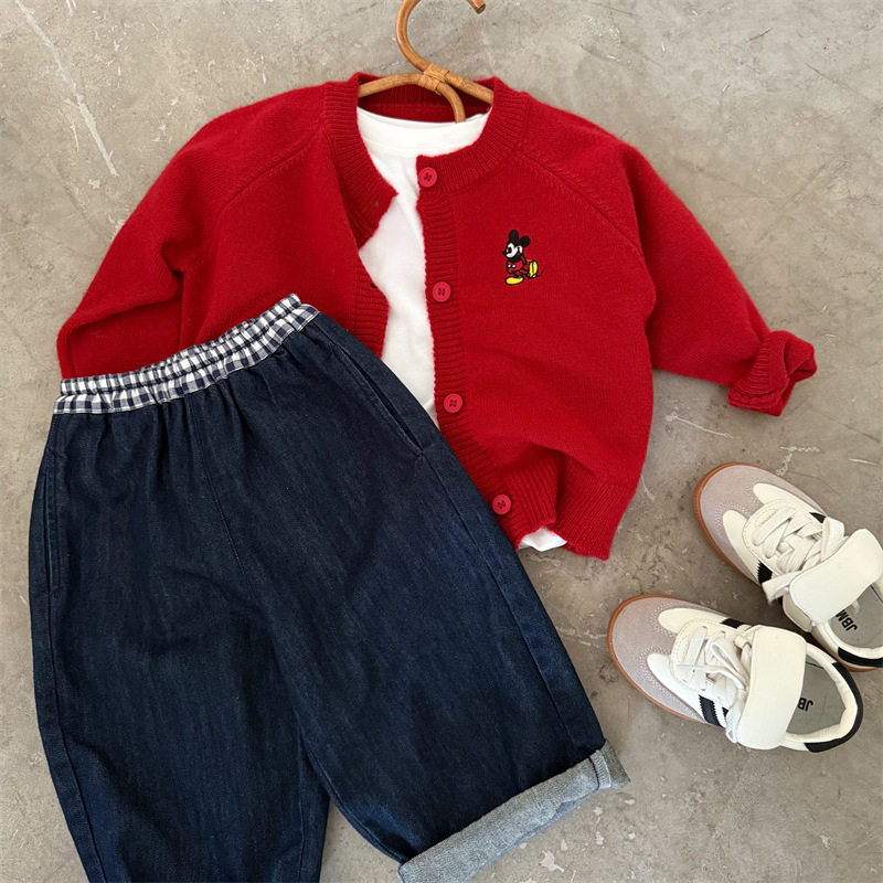 儿童25秋季新款套装女宝宝卡通针织开衫直筒牛仔裤两件套针织外套,淘宝优惠券,粉丝福利购,淘宝优惠卷