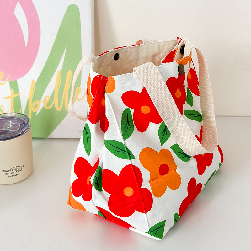 时尚花朵饭盒手提包高颜值大容量百搭便当包简约日式手拎搭扣袋子-图1