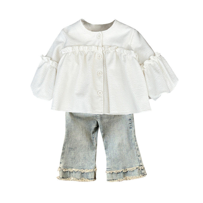 女童洋气韩系花边泡泡袖开衫外套T恤打底衫牛仔裤套装新款,淘宝优惠券,粉丝福利购,淘宝优惠卷