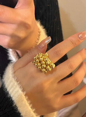 小众复古高级感金属米珠个性时尚金属指环女重工艺质感可晃动戒指