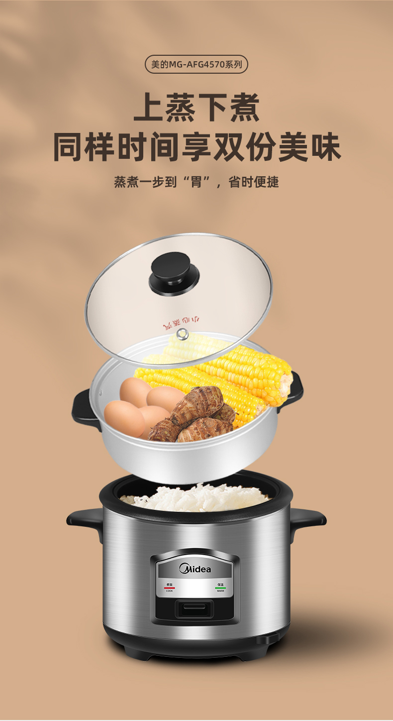 Midea/美的 MG-AFG6570电饭煲老式家用5-9人6L电饭锅煮饭锅带蒸笼 - 图0