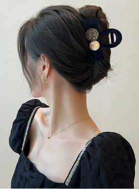 高级感珍珠发夹女蝴蝶结抓夹后脑勺小号头发鲨鱼夹子秋冬发卡头饰