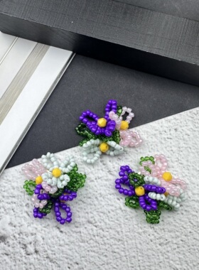 撞色手工编织小花簇鞋花耳夹