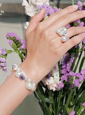 原创·绫 马卡龙彩色锆珍珠戒指女轻奢小众配饰设计感可抽拉调节