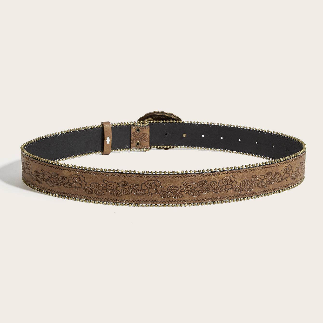 复古风女士腰带辣妹做旧亚文化小众百搭个性金属雕花扣皮带车边珠