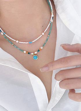 时尚小清新简约百搭高级感松石吊坠串珠项链轻奢小众天然石锁骨链