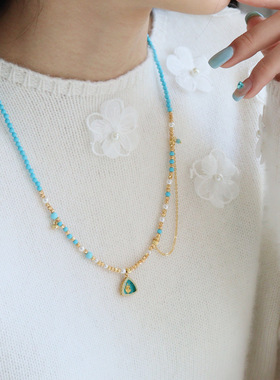 原创新中式复古时尚滴油松石绿度母吊坠项链百搭长款流苏毛衣链女