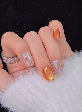 【Lilynail柿柿如意】手工穿戴甲短款橙色闪粉美甲贴温柔显白高级