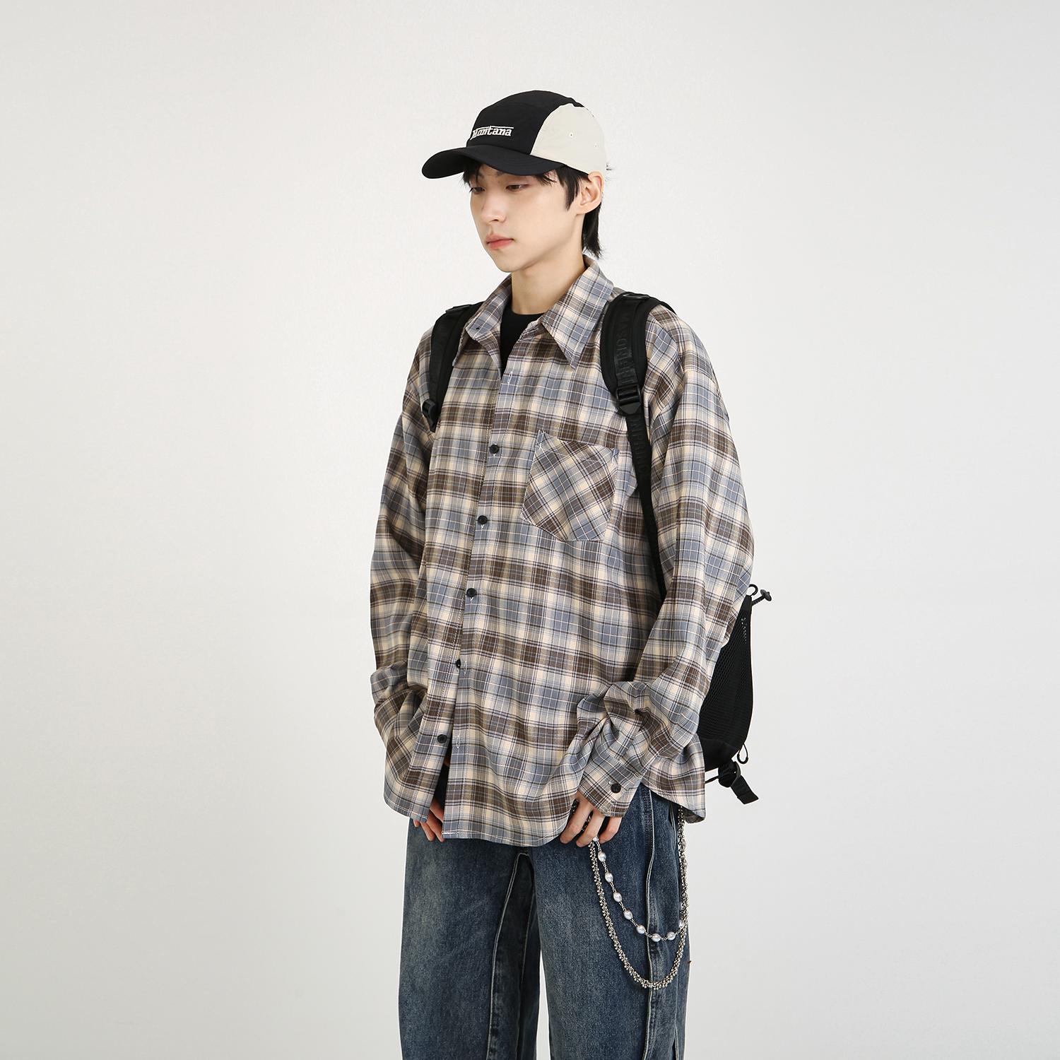 NineteenAutumn渐变格子衬衫宽松阔版休闲上衣长袖衬衣复古美式男 - 图1