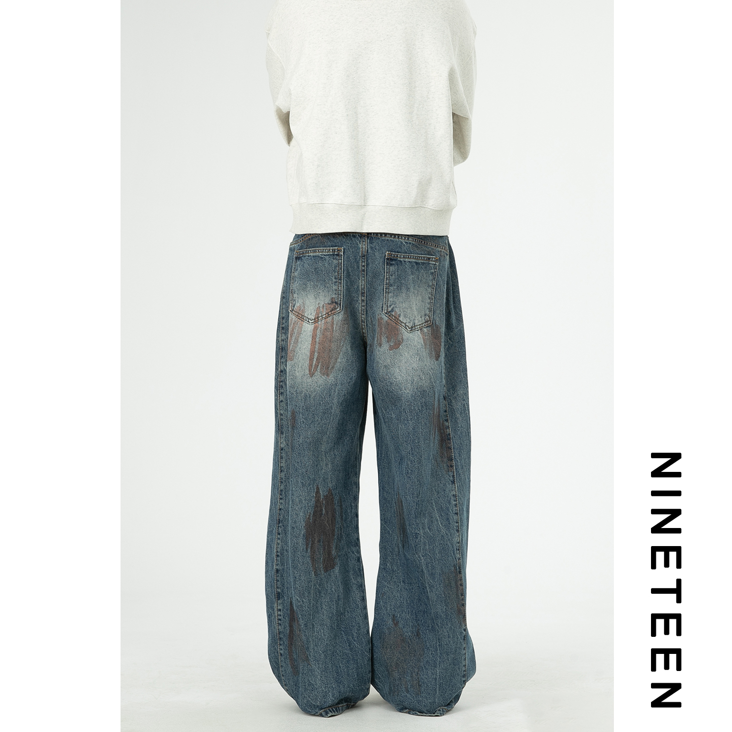 十九秋/秋季新款美式做旧脏色水洗牛仔长裤宽松休闲阔腿裤子男潮 - 图2