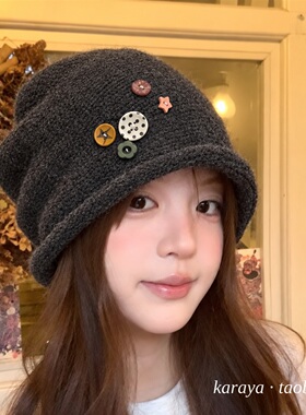 秋冬毛线猫耳保暖堆堆帽女