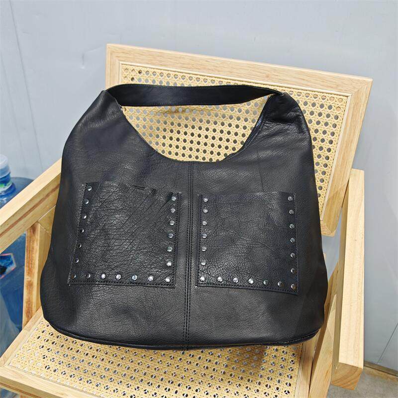 2025新款复古真皮女包头层植鞣牛皮手工包铆钉朋克风酷飒大包手提,淘宝优惠券,粉丝福利购,淘宝优惠卷