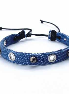 简约欧美朋克嘻哈说唱铆钉牛仔布编织女士手链男士情侣手绳环饰品