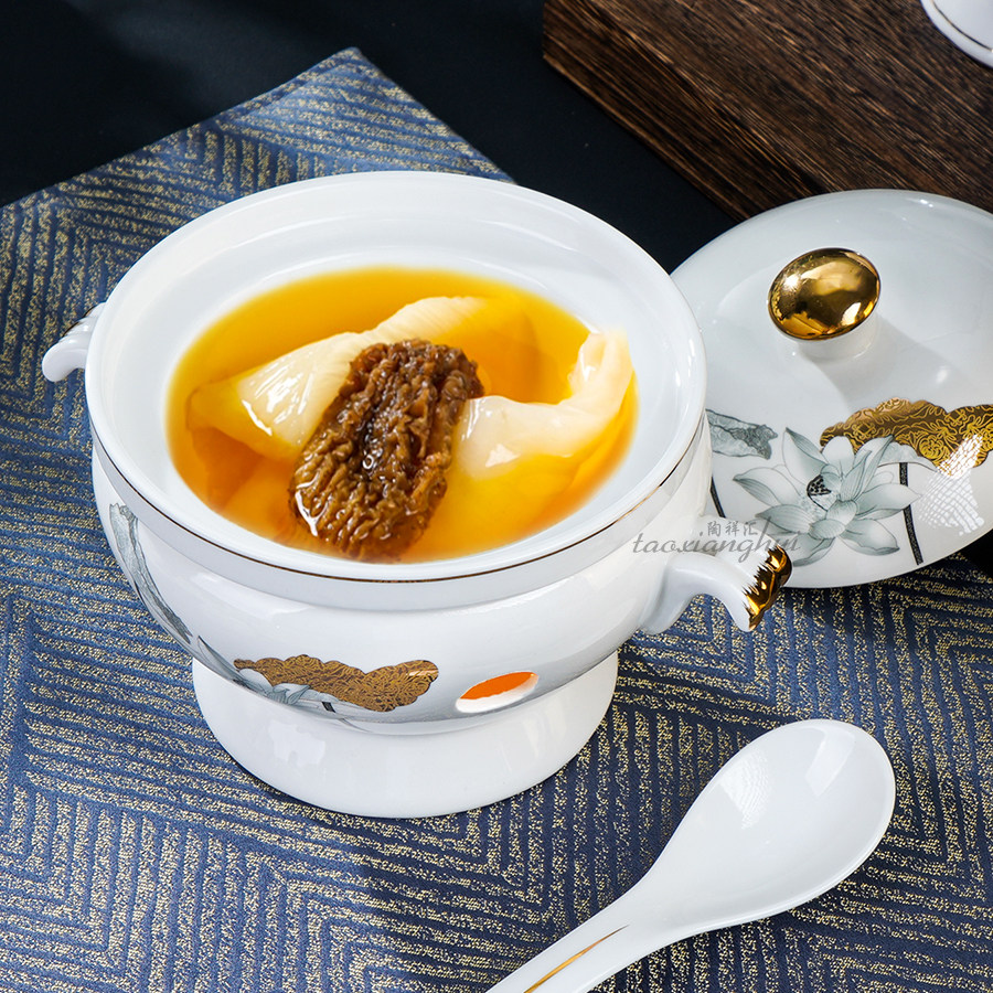 酒店中式陶瓷金边餐具直销蜡烛加热燕窝位上盅辽参带盖翅盅碗明炉
