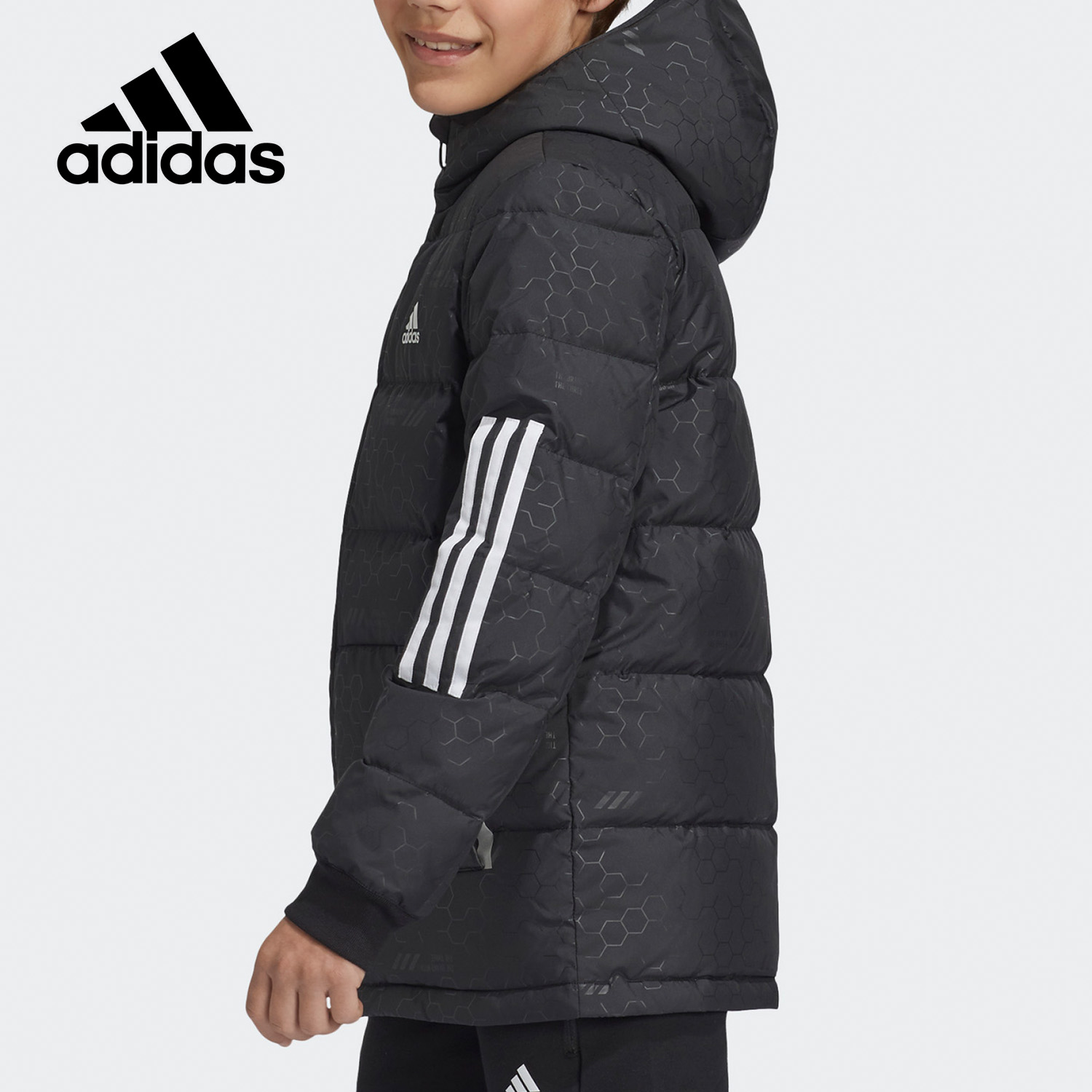 Adidas/阿迪达斯官方正品大童印花连帽保暖训练运动羽绒服GG3677 - 图0