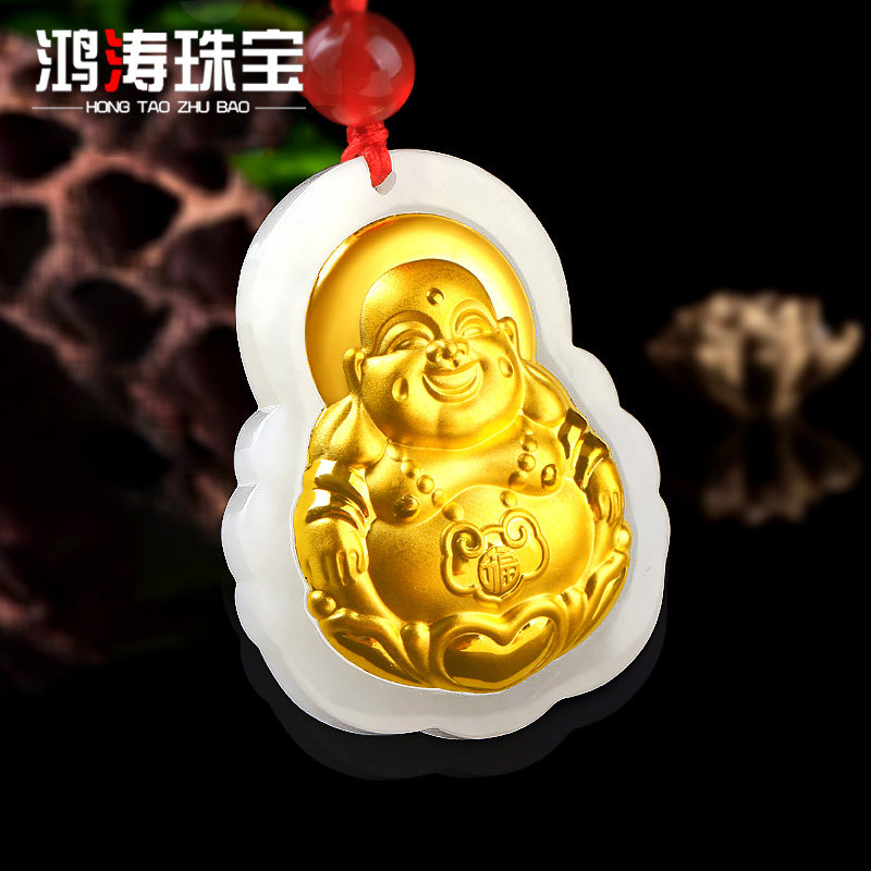 开光黄金镶玉和田玉观音弥勒佛玉佩 鸿涛颈饰