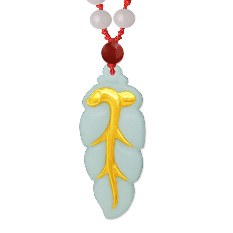 天然翡翠玉叶子女黄金镶玉a货吊坠 鸿涛项坠/吊坠