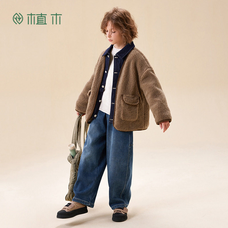 植木童装加厚牛仔拼接仿羊羔绒男童棉服中大童2025冬新款儿童外套,淘宝优惠券,粉丝福利购,淘宝优惠卷
