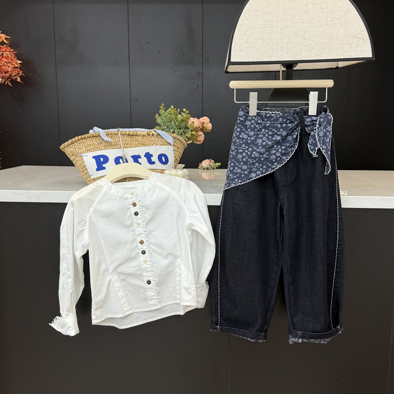 leomama设计师风女童屁帘牛仔裤秋季儿童阔腿裤宽松休闲童装裤子